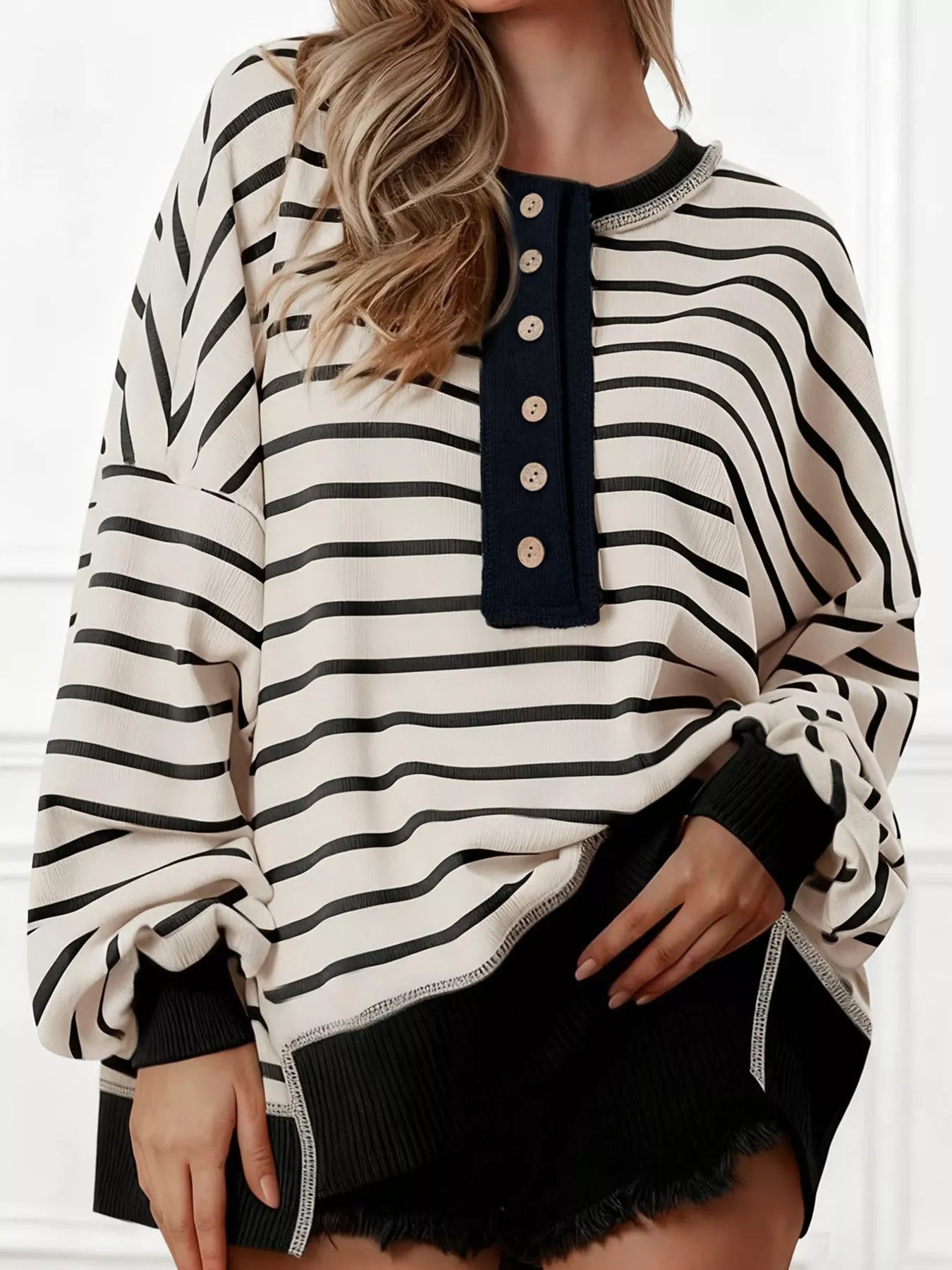 Striped Button Detail Casual Sweatshirt Beige f6f0ab683c0c40858d48dc5f6ccccf29-Max-Origin