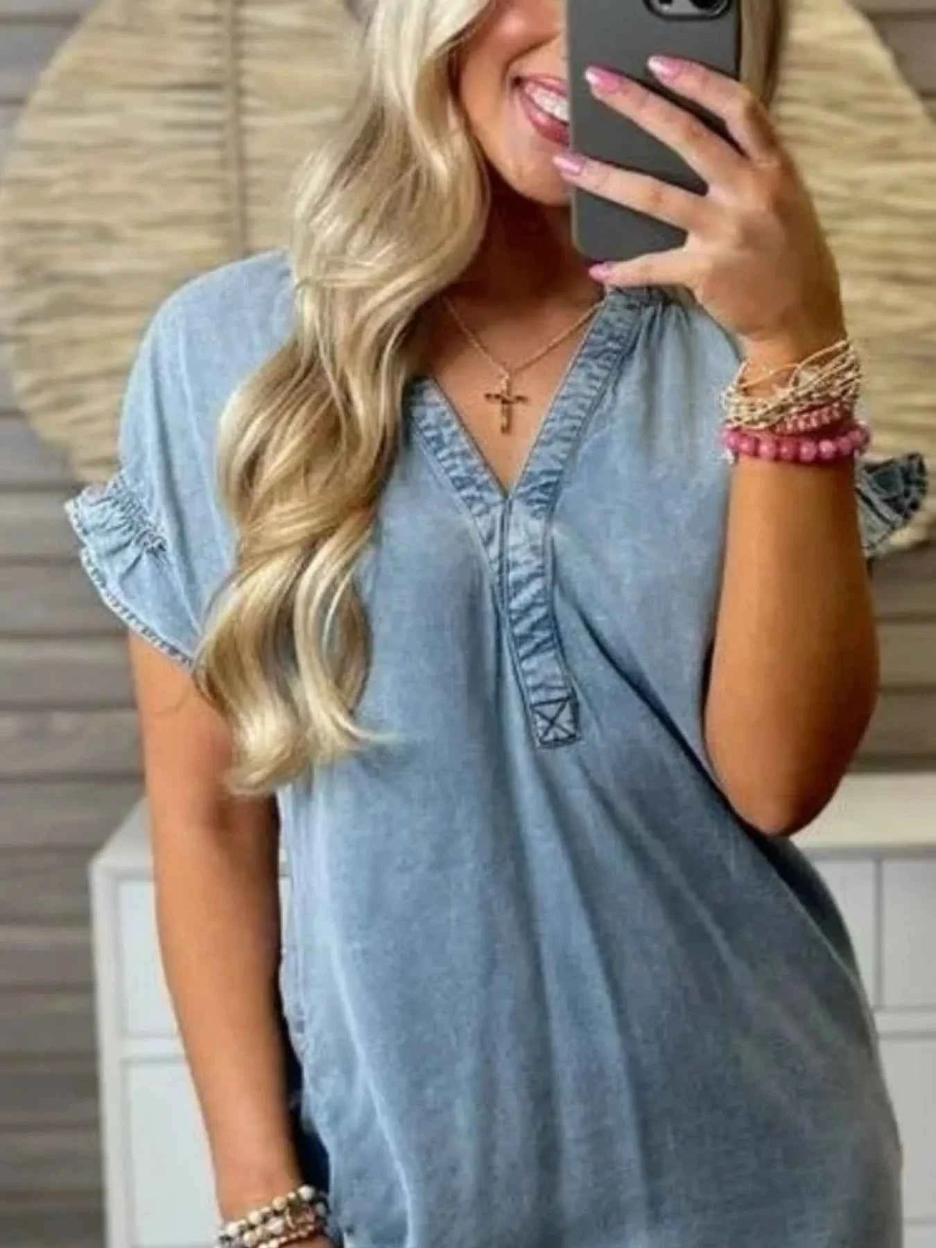 Full Size V-Neck Short Sleeve Denim Dress Plus Size f6f3c0ee-b107-4604-8972-d651e6ea3401-Max-Origin