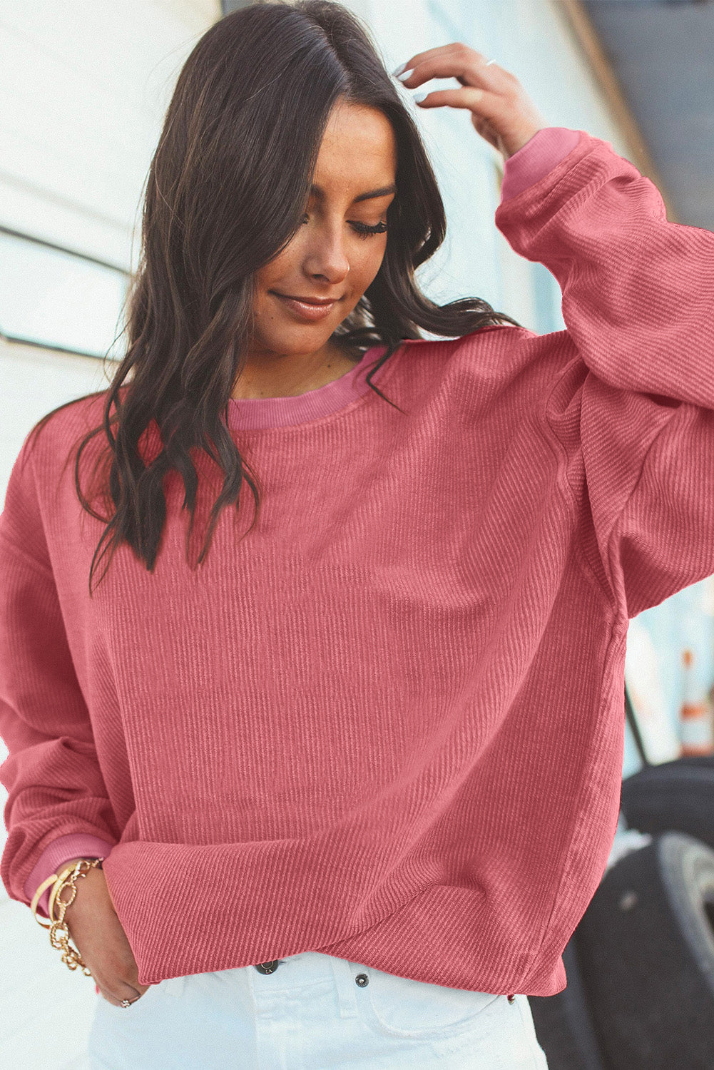 White Drop Shoulder Rib Knit Oversized Sweatshirt f6f42ca89a3d81b4