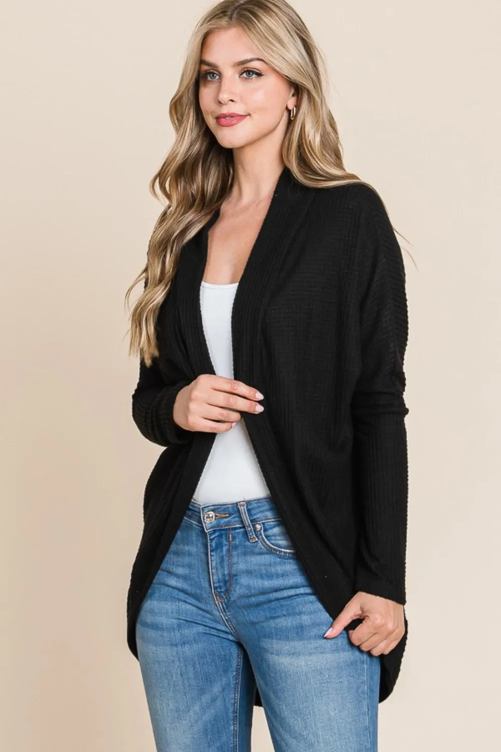 BOMBOM Open Front Waffle Knit Cocoon Cardigan f6f6f40d-3fa5-4aa7-a3bc-c2b59562c1c5-Max