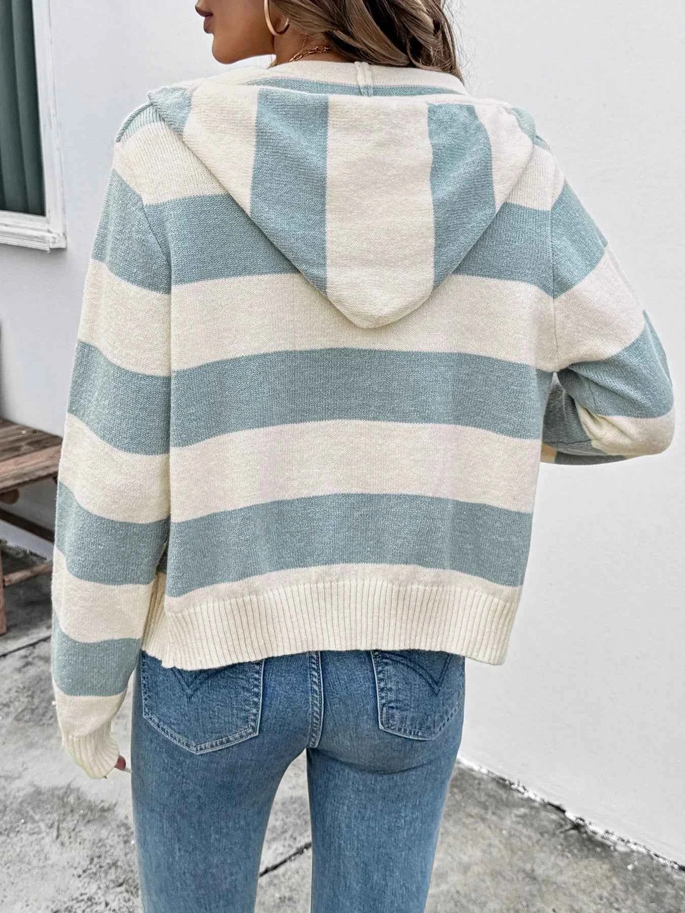 Drawstring Zip Up Striped Cardigan