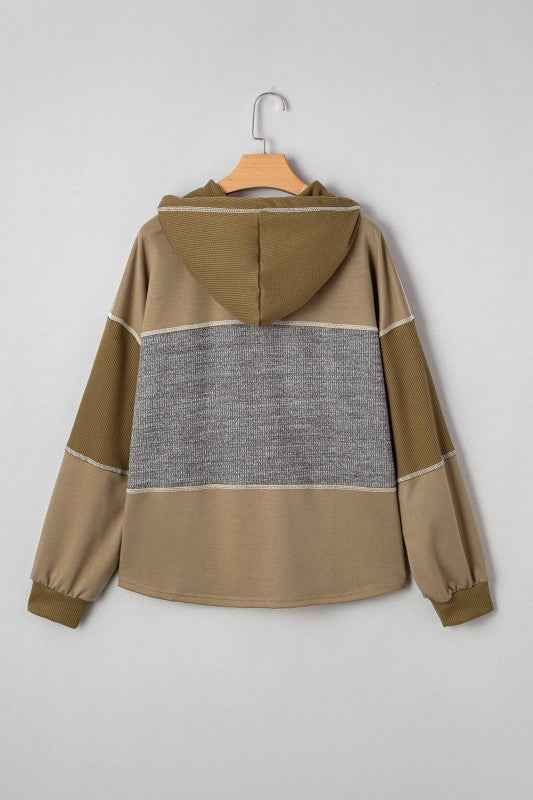 Waffle Knit Patchwork Buttoned Hooded Sweatshirt f702c516-e0d3-4ee0-a16a-66d05a6a8a02