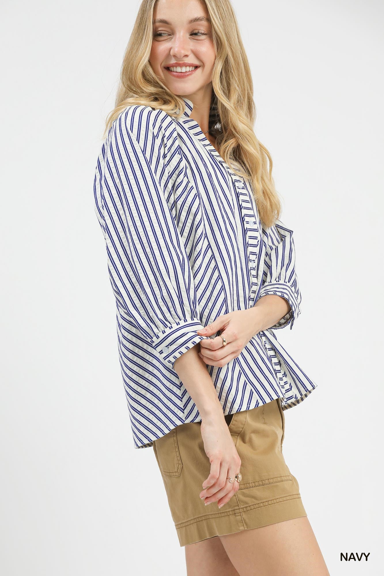 Umgee Striped V-Neck Button Down Top f7049c0c-cdcf-4760-9392-ac5896a8f03d-Max