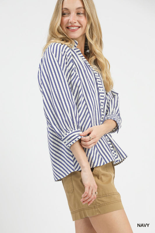 Umgee Striped V-Neck Button Down Top f7049c0c-cdcf-4760-9392-ac5896a8f03d-Max
