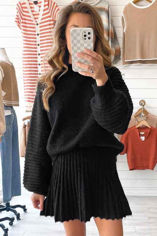 Solid High Neck Sweater and Pleated Mini Skirt Set f711763e-1779-48a9-9363-d339da20ec90