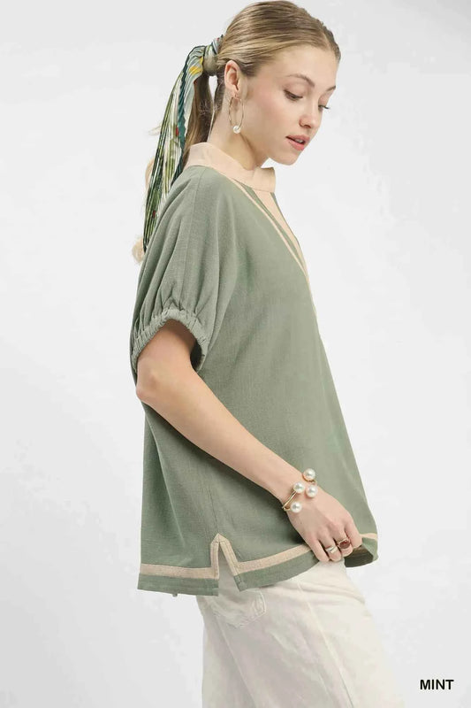 Umgee Linen Contrast Trim V-Neck Blouse f7120441-511a-40eb-b9e6-98f89d014ab7-Max-Origin
