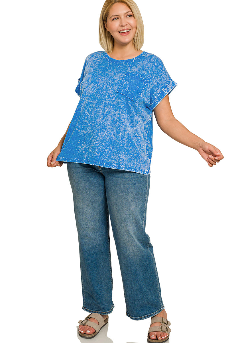 Zenana Full Size Crinkle Washed Round Neck Folded Short Sleeve Tee Plus Size f717794a-c169-4354-831f-e3d9ff9f0376-Max