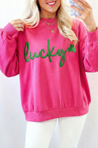 Rose Red Lucky Clover Embroidered Loose Pullover Sweatshirt Rose Red 65%Polyester+35%Cotton f71dd40a082bfcde