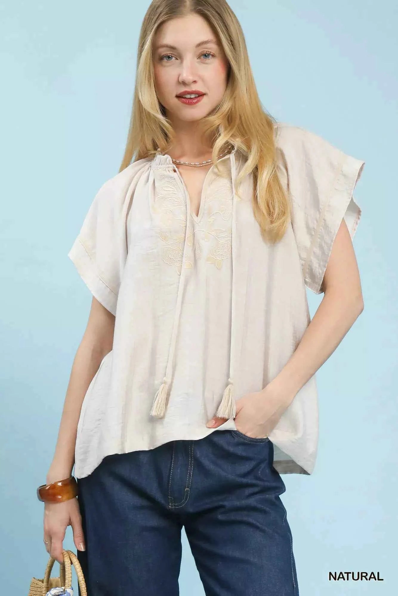 Umgee Embroidered Boho Blouse with Tassel Tie NATURAL f71e28c6-b6ed-414c-8e59-1fbd8ba8b418-Max-Origin