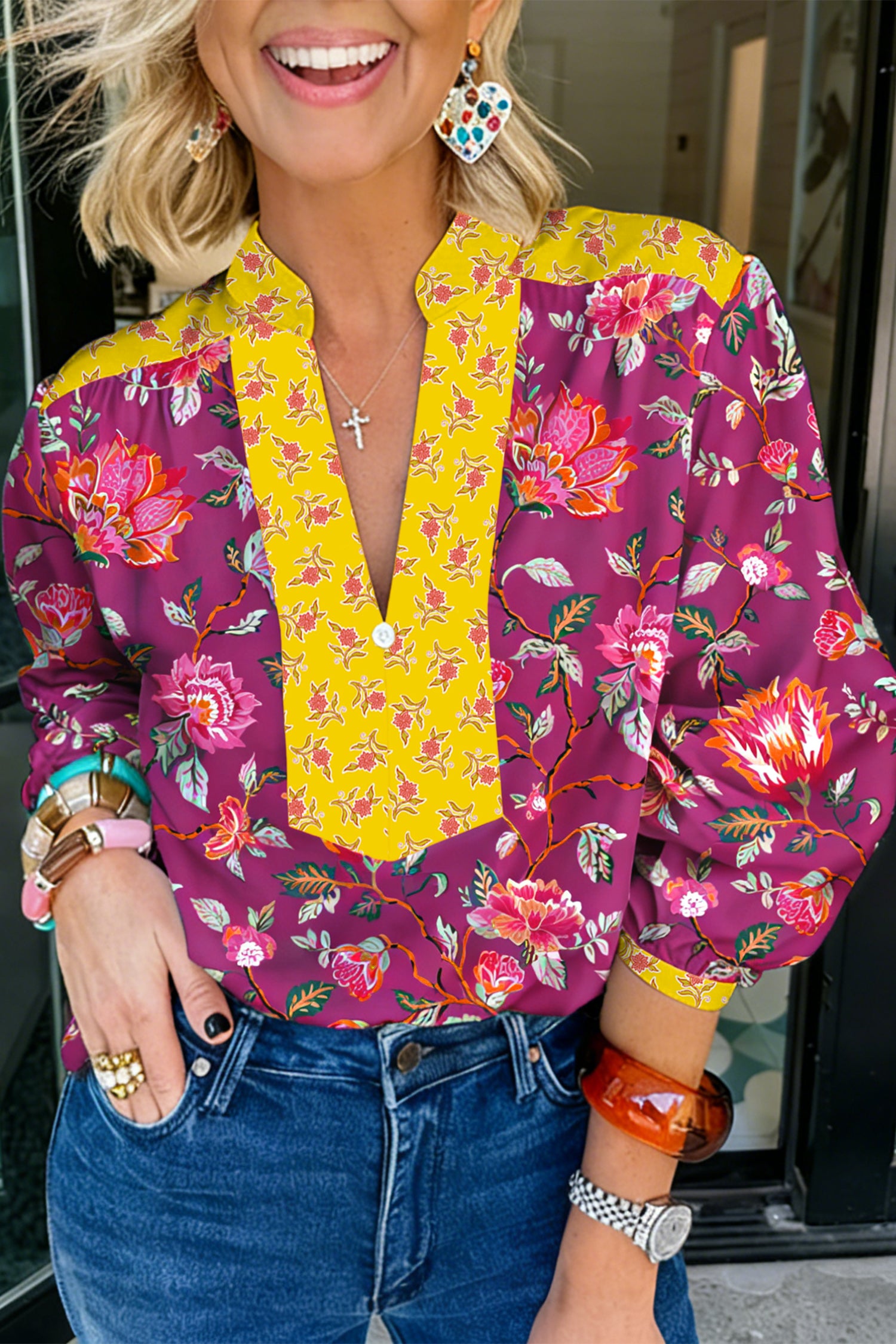 Rose Contrast Placket Split V Neck Floral Blouse Rose 100%Polyester f721fd2e8d589568