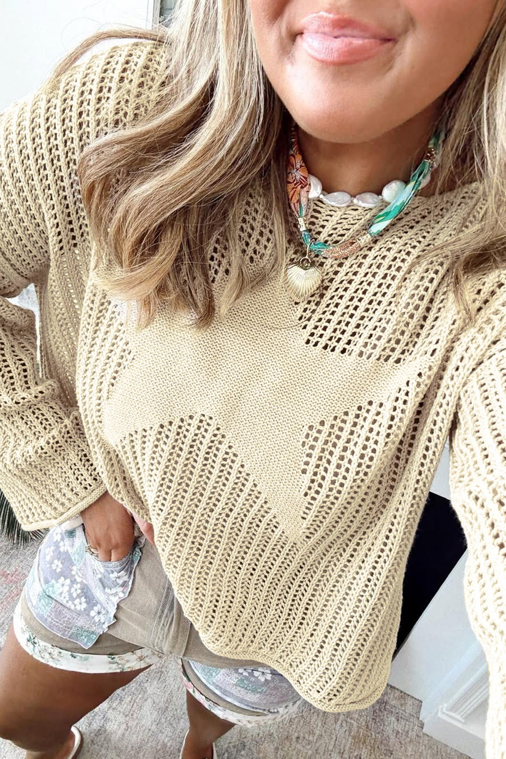 Parchment Hollow Out Knit Star Pattern Plus Size Sweater Parchment 100%Acrylic f724696e347fa9bf
