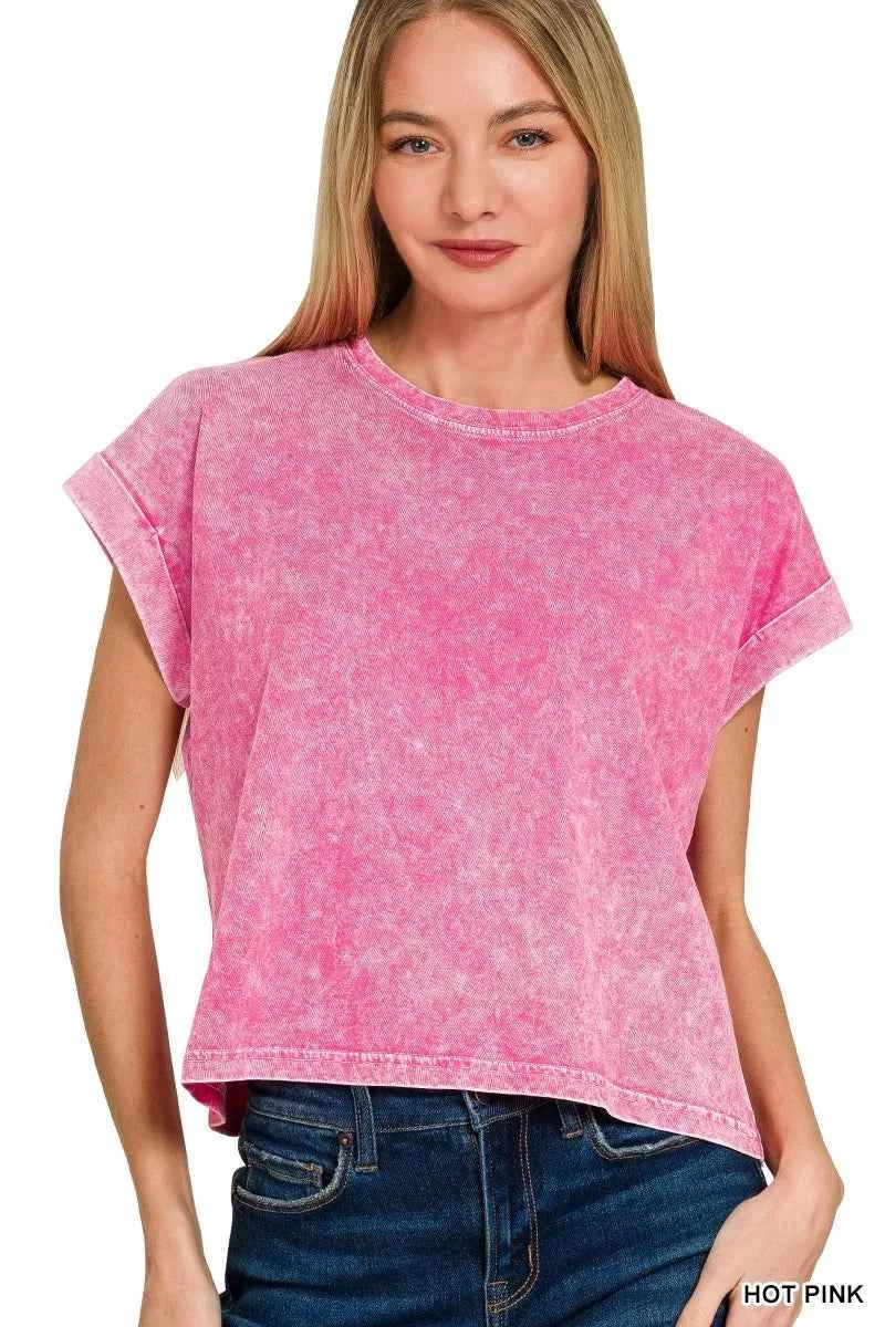 Zenana Halo Washed Cotton Cuffed Short Sleeve Top HOT PINK f72658f0181541acb1fcf955c496dd6d-Max-Origin