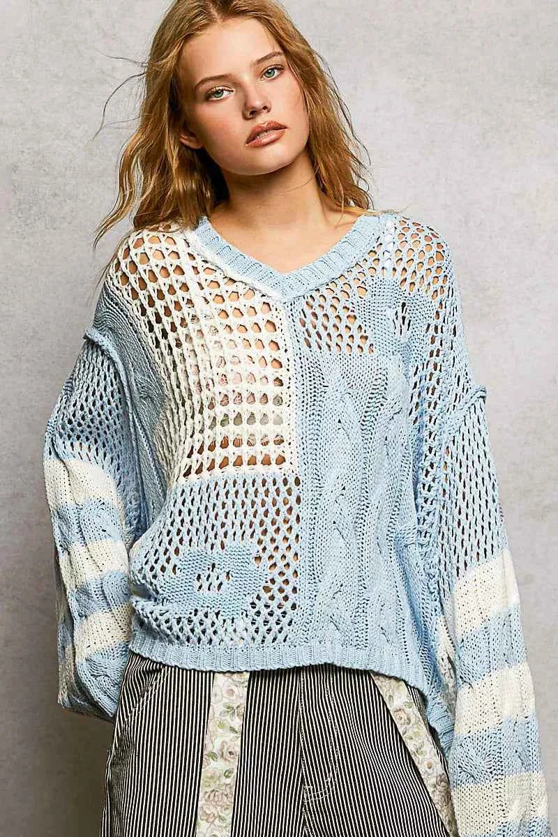 POL Color-Blocked Stripe Pattern Knit Top with Twisted Weave SKY BLUE f72e5e76-caab-4ee0-a1d0-ab401a96dc41-Max-Origin