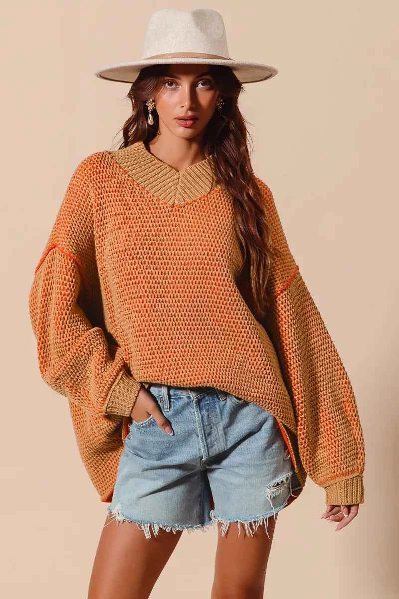 SO ME Oversized Two Tone Textured V Neck Sweater f7336580b8414b308f41e4512d734bfd-Max-Origin