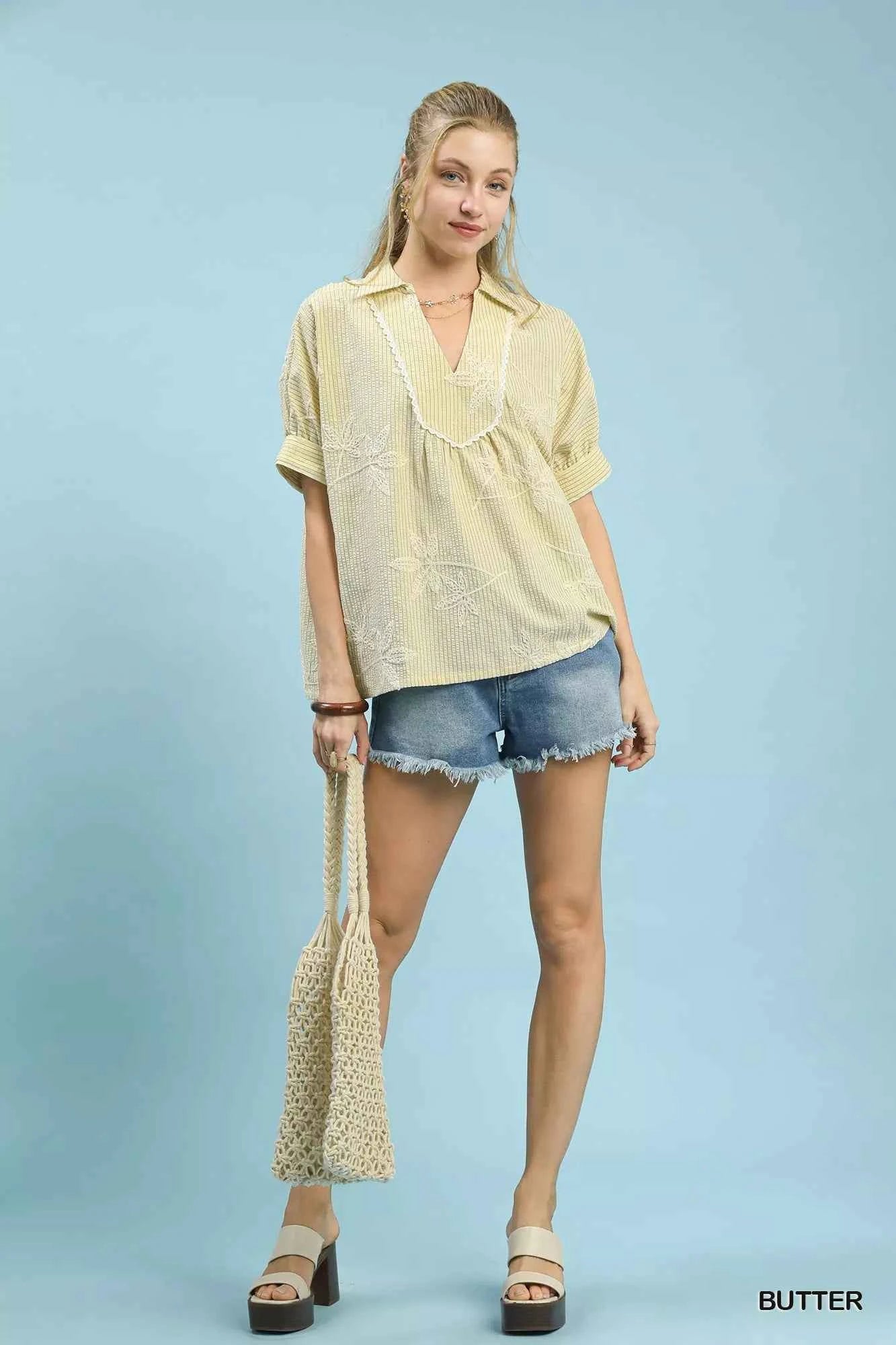 Umgee Striped Embroidered Blouse with Scallop Trim