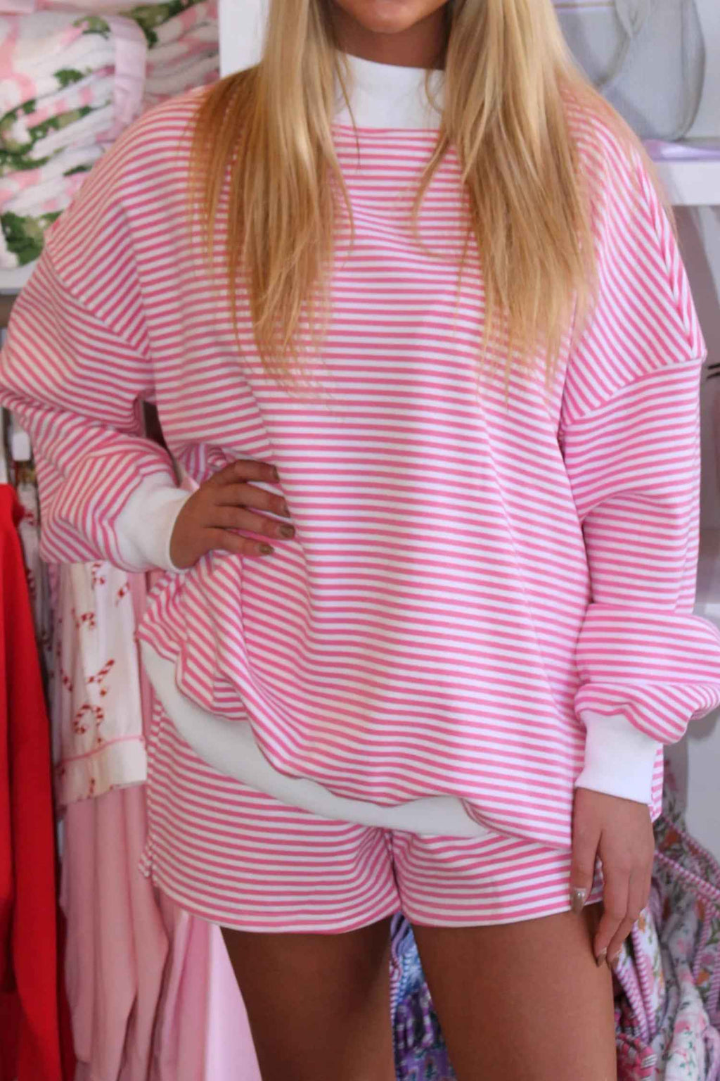 Pink Stripe Oversize Mock Neck Sweatshirt and Shorts Set Pink Stripe 95%Cotton+5%Elastane f738e3bb6b2b28fa