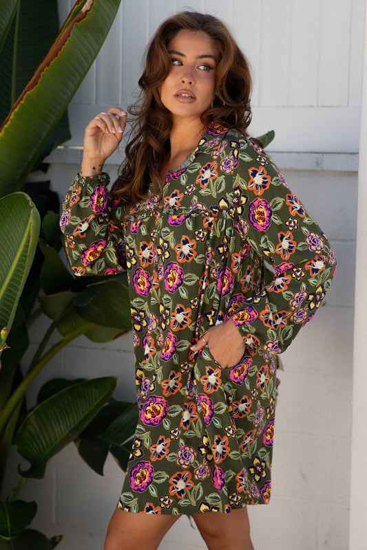 Floral Split Neck Bubble Sleeve Shift Mini Dress f73940f1-1d4f-42f1-8cd1-798c6d0f68d2