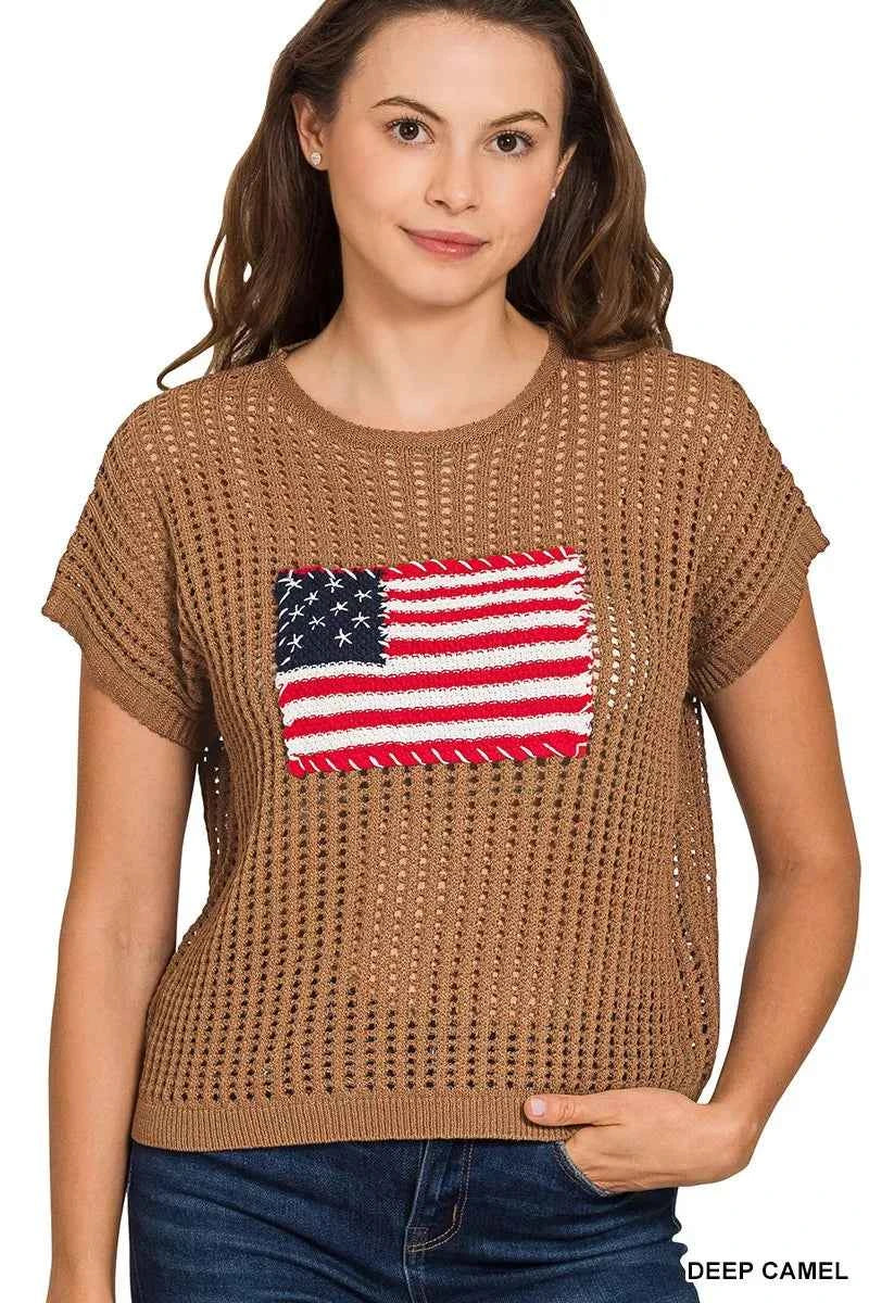 Zenana Viscose American Flag Openwork Knit Top DEEP CAMEL f73a6da4f38348e4950b213eb9cf7cab-Max-Origin