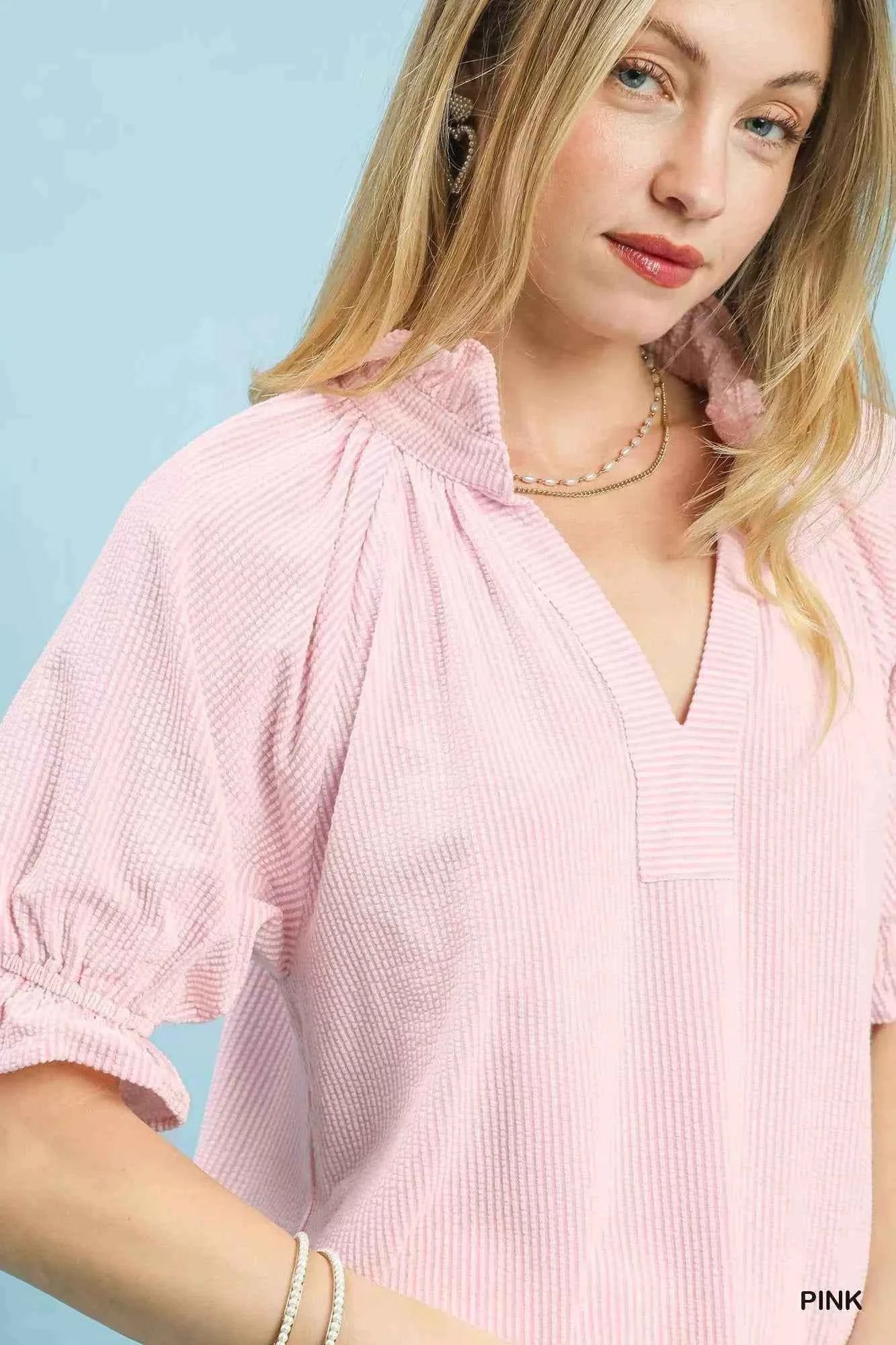 Umgee Textured Ruffle Sleeve V-Neck Top f7470710-5489-4ce0-b68d-d8d5bc2b6c2d-Max-Origin