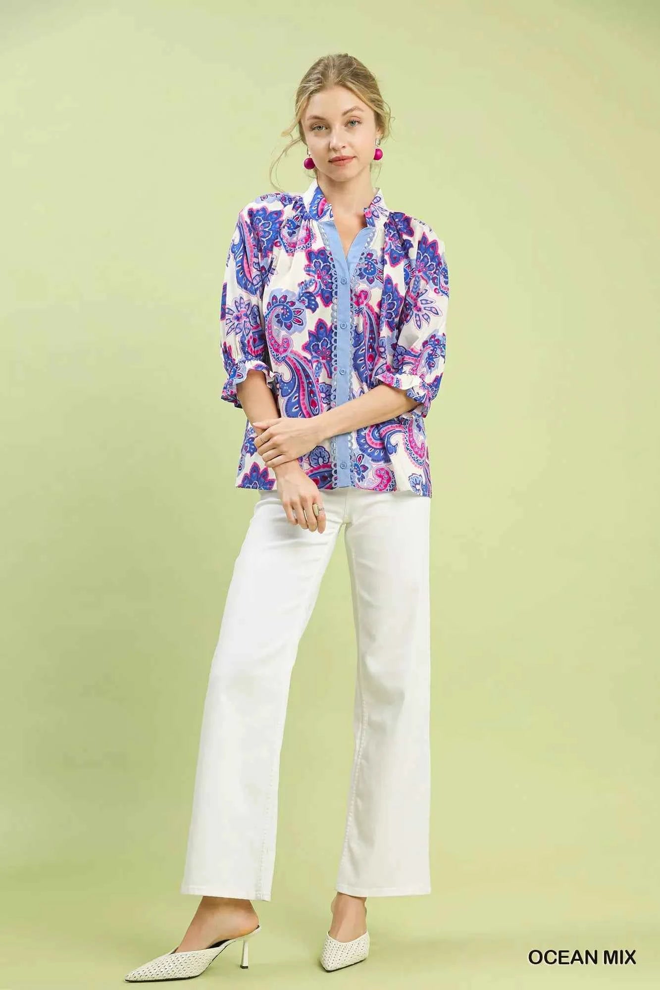 Umgee Paisley Print Button Front Blouse with Scallop Trim Detail f747f9c7-2879-46d1-b133-ad907fdcdd7e-Max-Origin