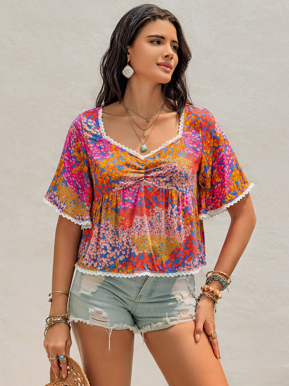 Ruched Printed Half Sleeve Blouse Strawberry f7491f6a-5bfb-485e-a9c5-43a392dc55b0-Max