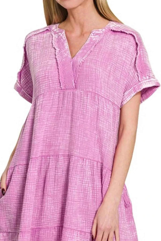 Washed Double Gauze Raw Edge V-neck Dress f74e1d90-54bf-48f0-8ece-be3d59726b3f-Max-Origin