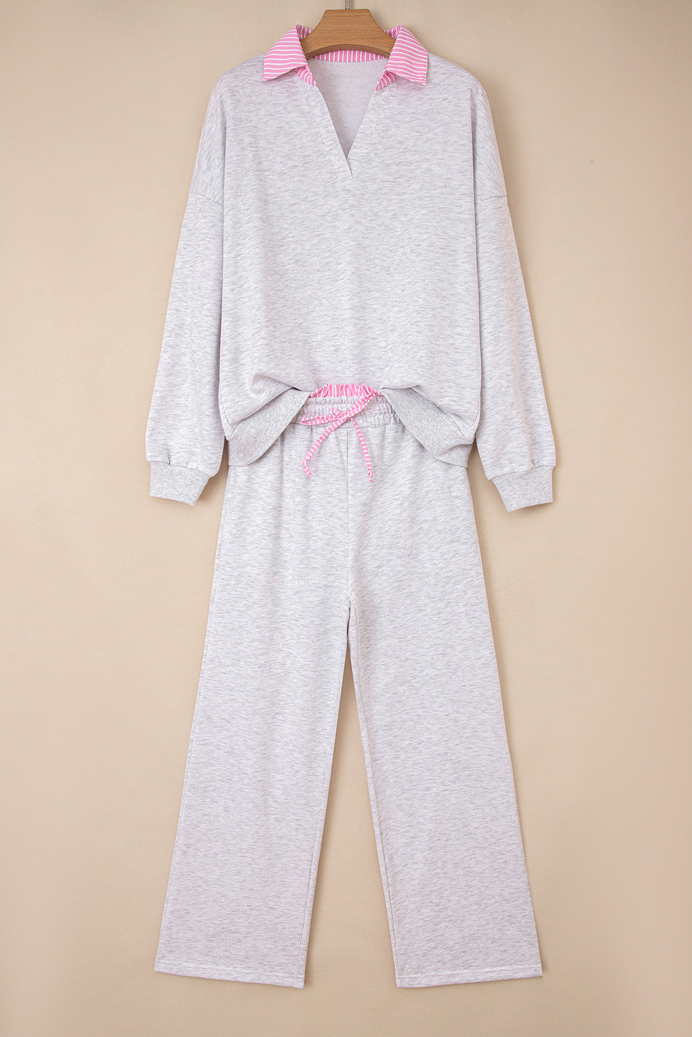 Light Grey Stripe Patchwork Loose Long Sleeve Top Drawstring Waist Pants Set f74e3287c11c11f1