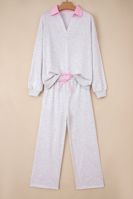 Light Grey Stripe Patchwork Loose Long Sleeve Top Drawstring Waist Pants Set f74e3287c11c11f1