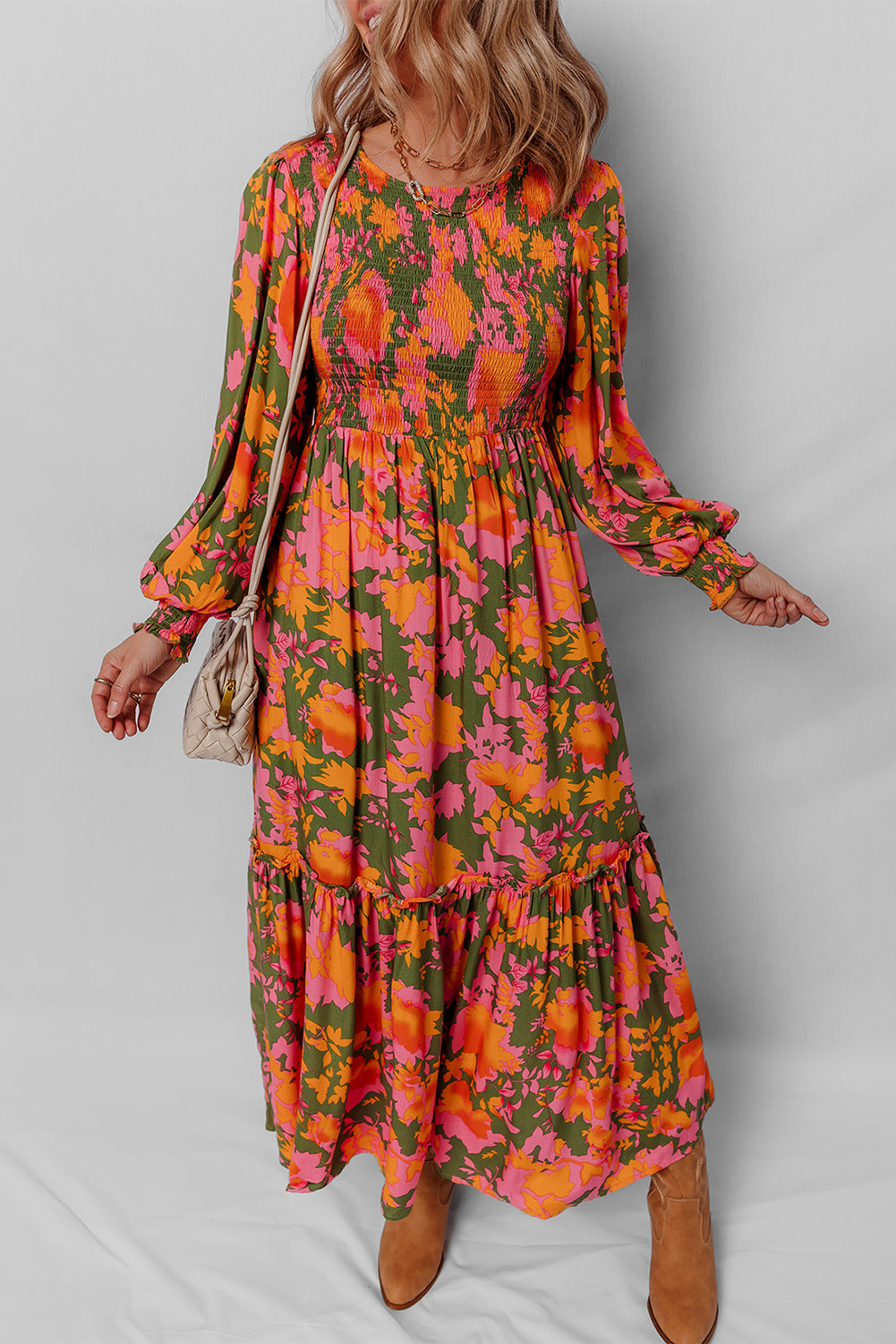 Orange Floral Puff Sleeve Smocked Bodice Frill Tiered Dress f750af4e82e00dcd