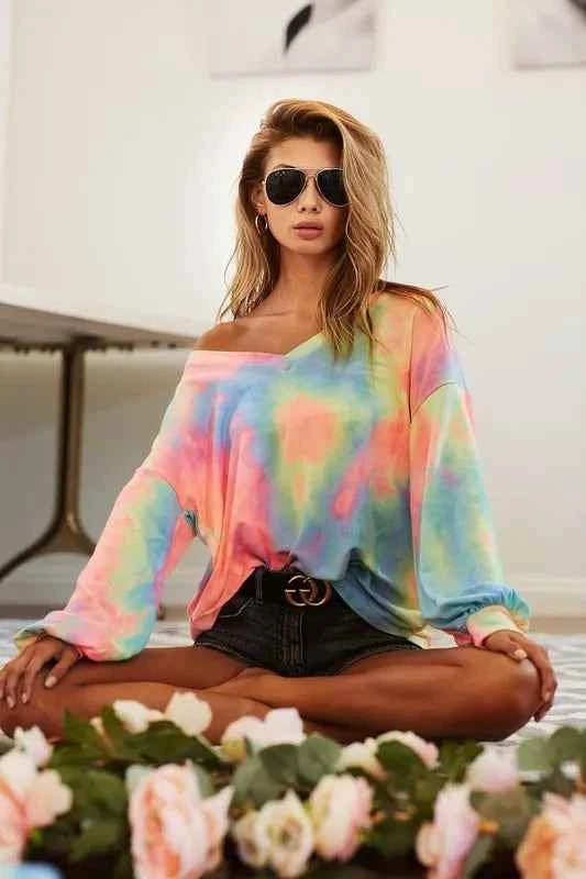 BiBi Tie Dye French Terry V Neck Top PASTEL TIEDYE f752e1390abd4099b40901a671310e0f-Max-Origin