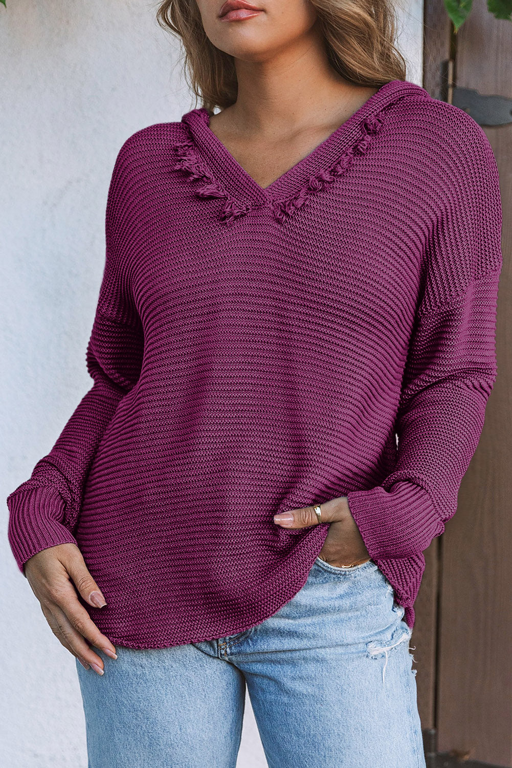 Purple Split V Neck Pullover Hooded Sweater f755282fb27181cf