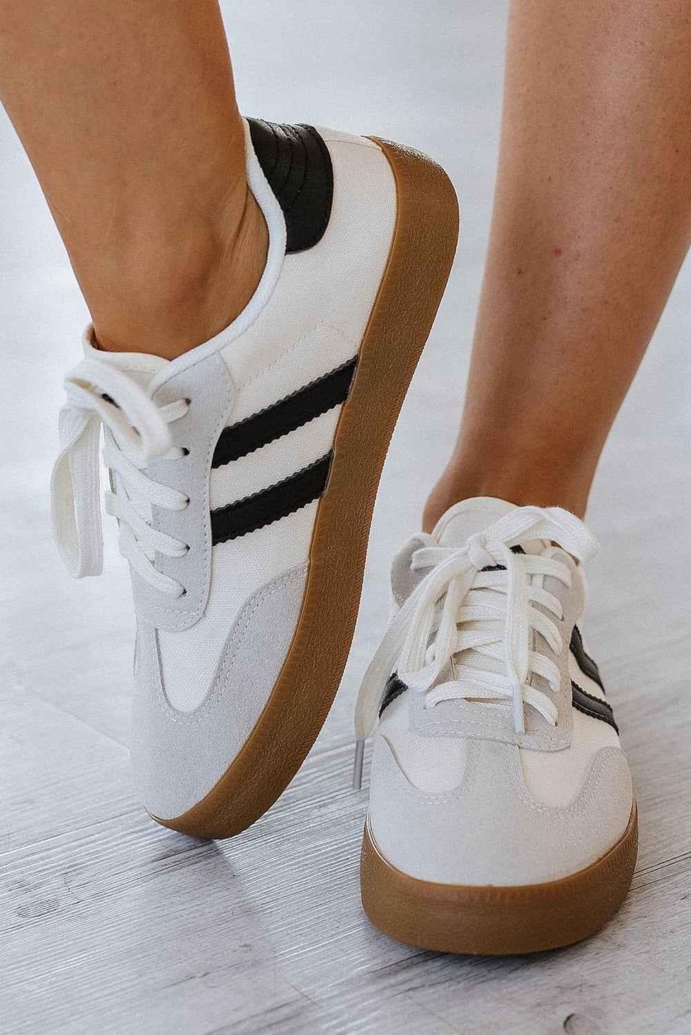 White Striped Lace Up Flat Sneakers f756863ebeb7fe87