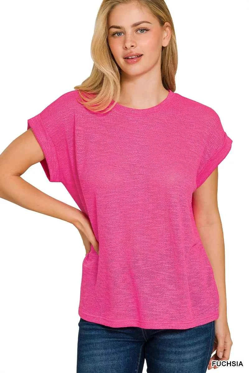 Zenana Hacci Slub Rolled Up Sleeve Tee FUCHSIA f758782302f546d389d3edb7d9df3694-Max-Origin