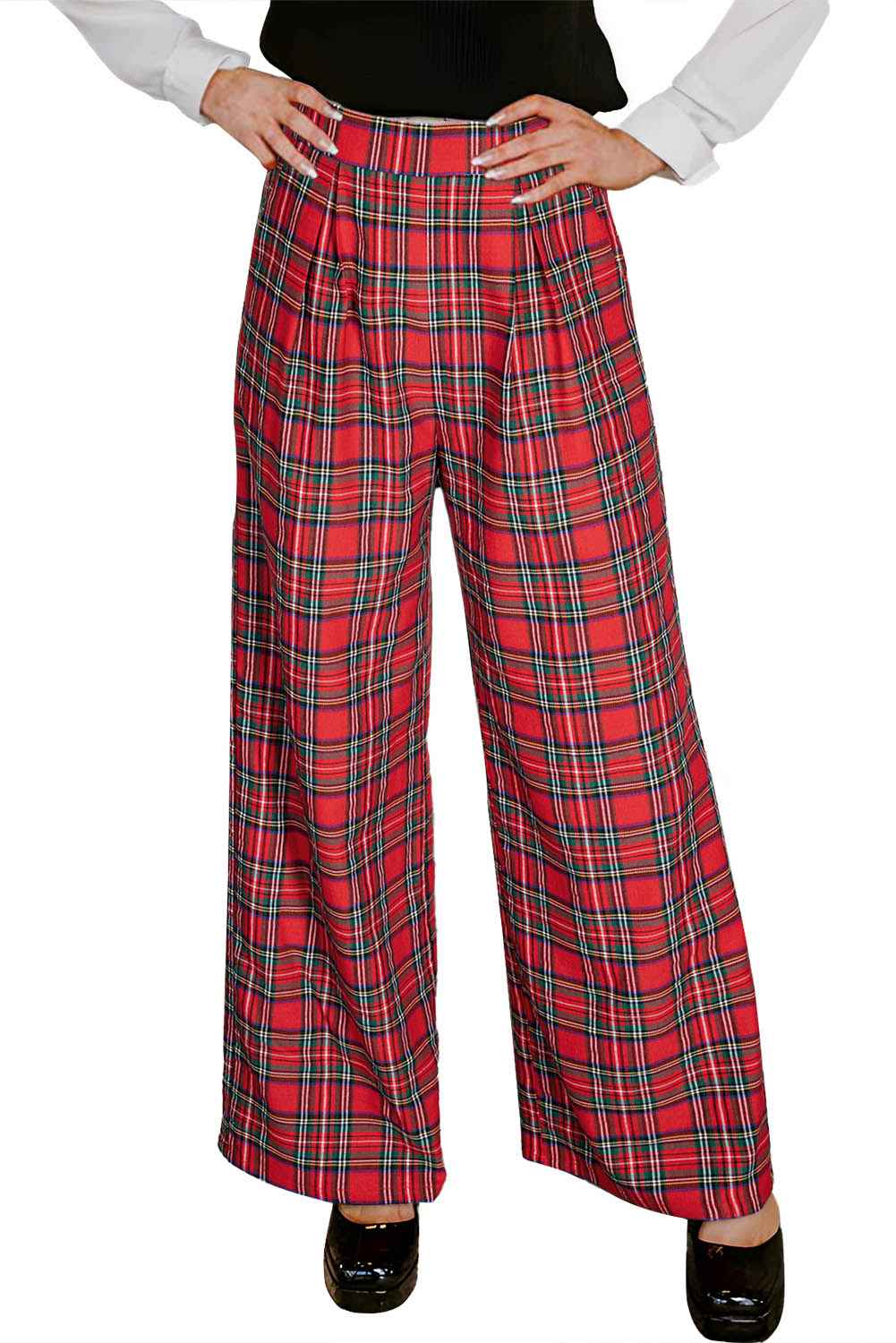 Red Christmas Plaid Wide Leg Pull-On Pants f75af8322a0cf10f