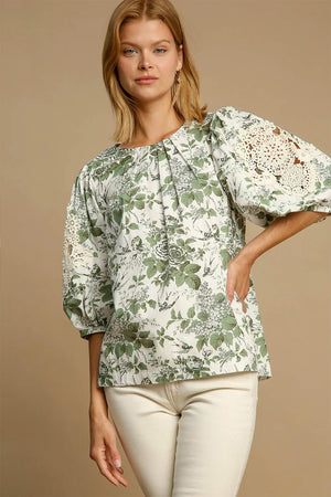 Floral Pleated Detail Lace Trim Sleeve Blouse Sage f75dba29-6ba7-4cd0-b6b3-91e49afa903c-Max