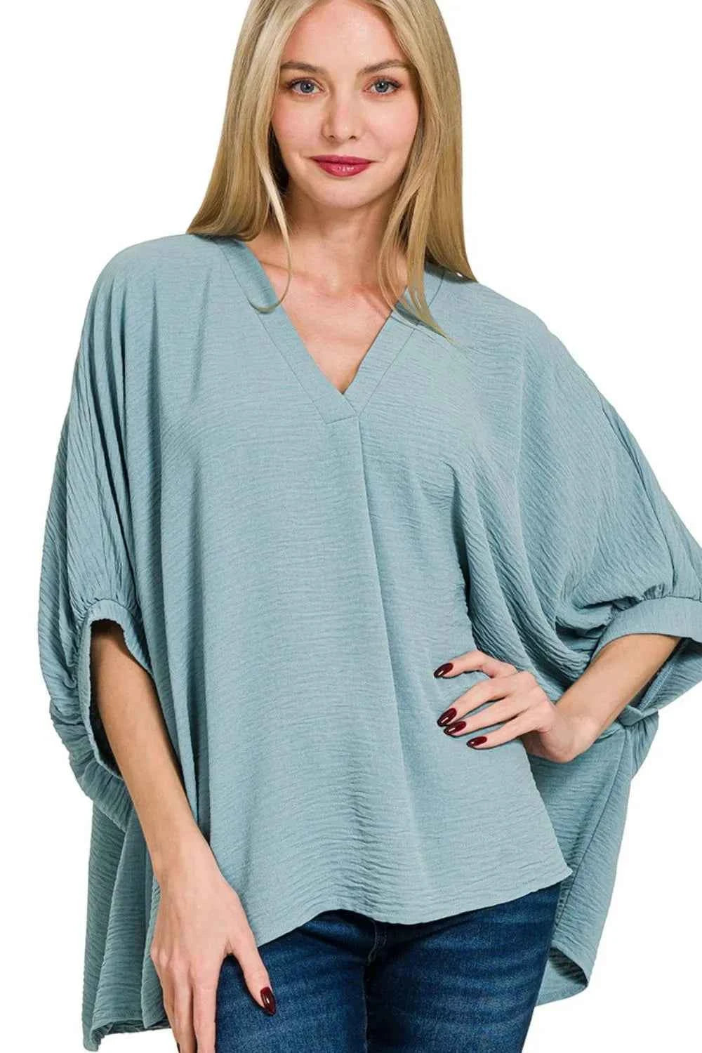 Zenana Woven Airflow V-neck Puff Half Sleeve Top f75ead80-bf08-40c1-b575-2964e4e6fdbe-Max-Origin