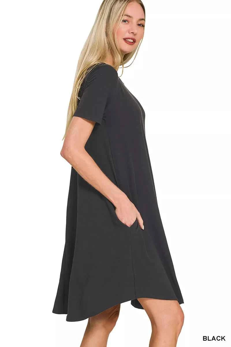 Zenana Short Sleeve Round Hem A-line Dress with Side Pockets f76329e0-507f-42d1-b511-a56ae44a59ff-Max-Origin