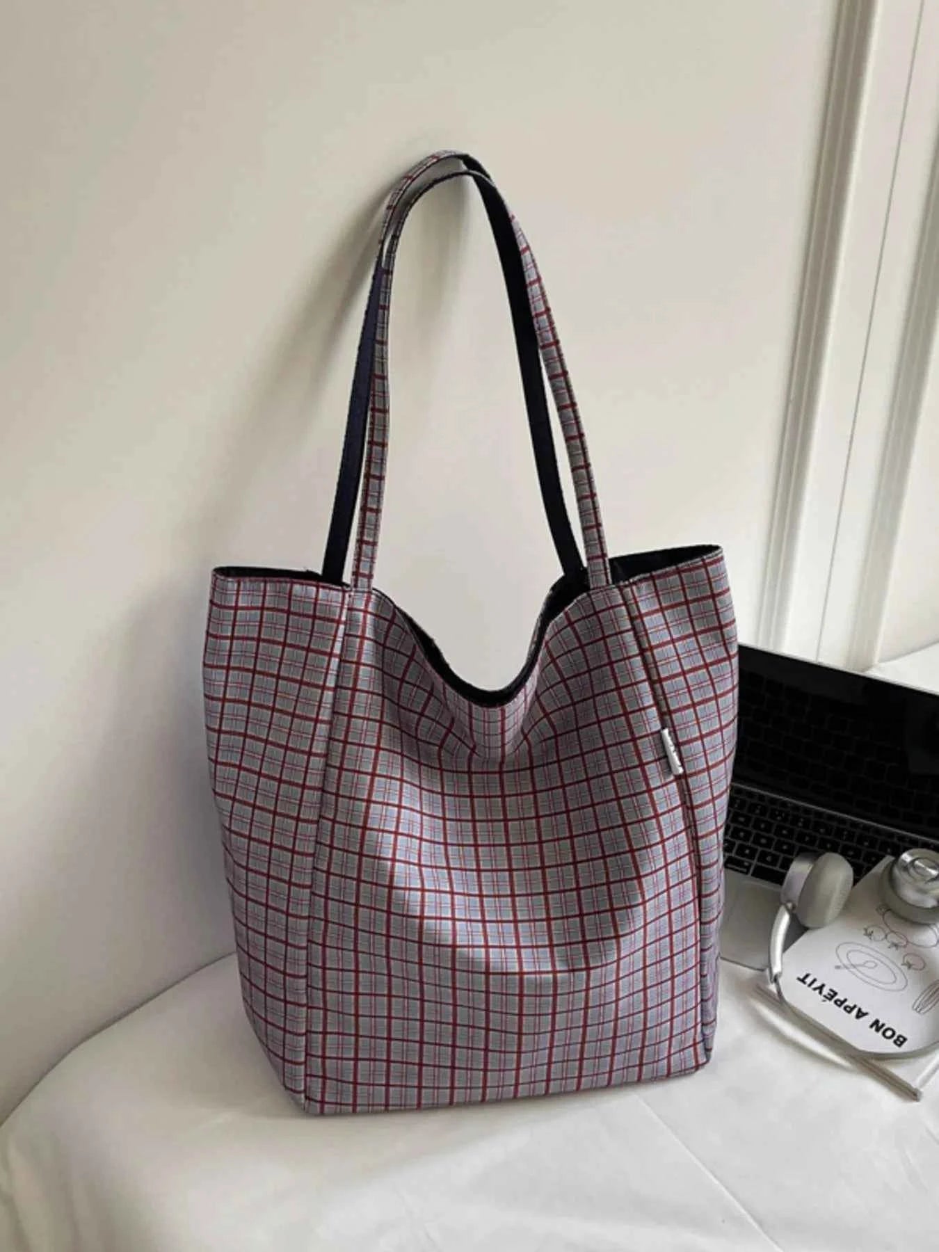 Plaid Pattern Tote Bag Purple One Size f763b99e-8ca4-4831-9480-21dd515eaa83-Max-Origin