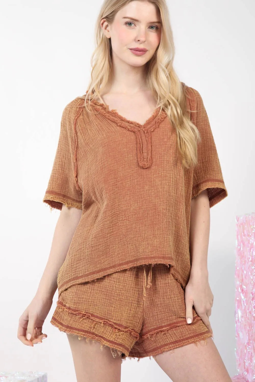 VERY J Washed Cotton Crinkle Gauze Top and Shorts Set Mocha f763dff6-e64c-407f-99ef-dd9093dc355d-Max