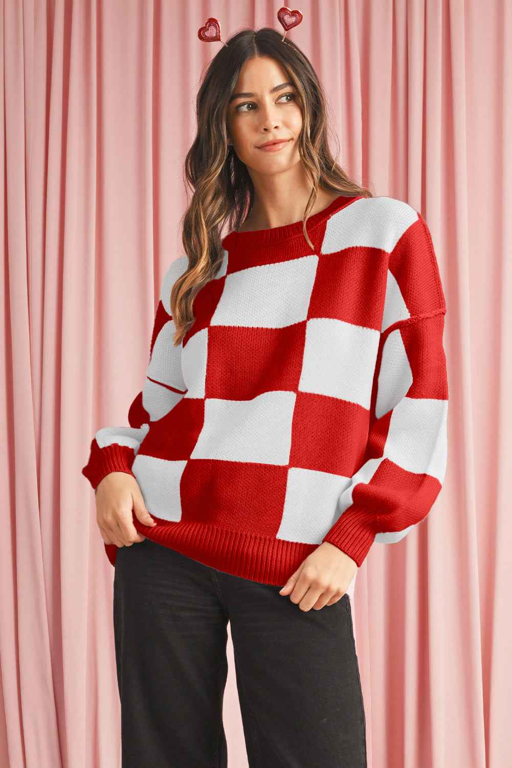 Fiery Red Plaid Bishop Sleeve Pullover Sweater f7651ff2bfa69ed4