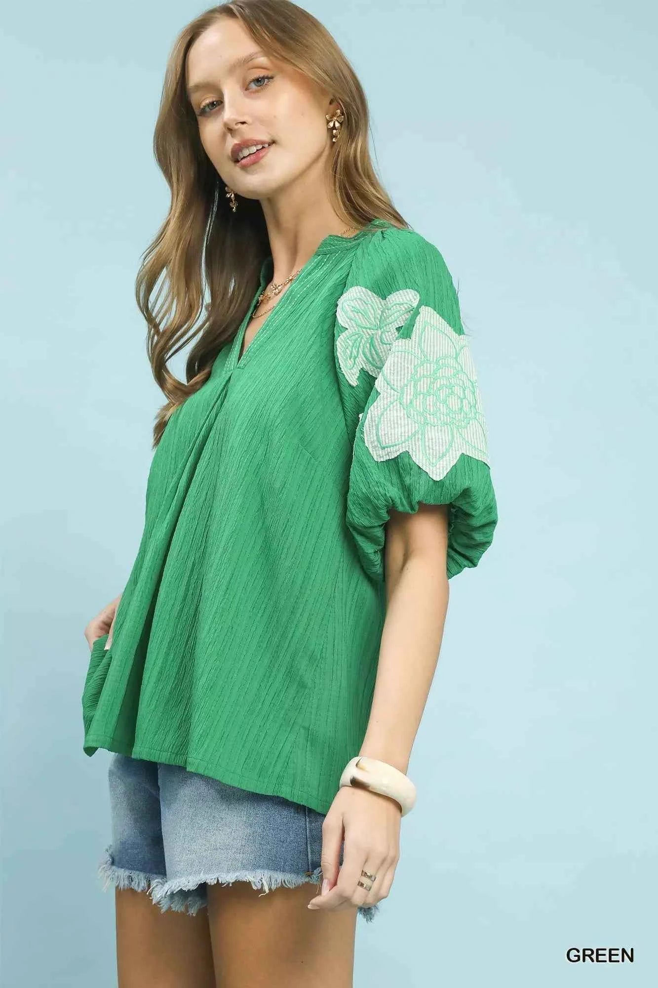 Umgee Embroidered Balloon Sleeve Notch Neck Blouse f7695187-d6c5-440d-900a-2ea06fb1ab9f-Max-Origin