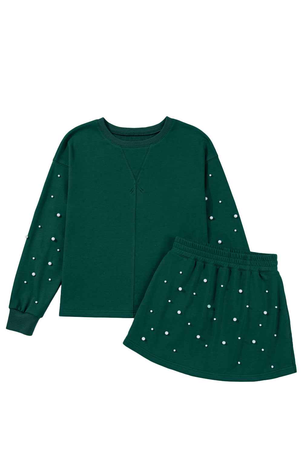 Dark Green Pearl Embellished Drop Shoulder Pullover Elastic Waist Mini Skirt Set f76b9dce293d7794