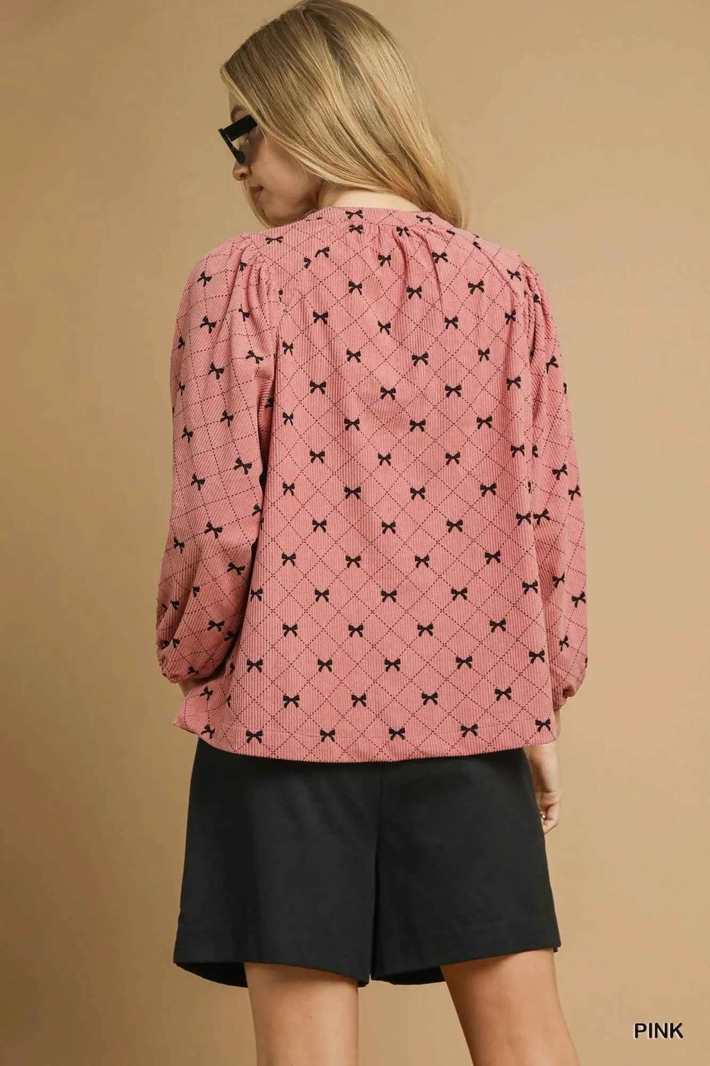 Umgee Corduroy Bow Print Balloon Sleeve Blouse f77596e7-9dcc-4486-a6de-ec2c68151d3b-Max-Origin