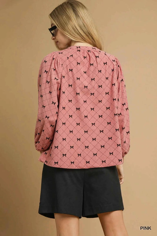 Corduroy Bow Print Balloon Sleeve Blouse f77596e7-9dcc-4486-a6de-ec2c68151d3b-Max-Origin