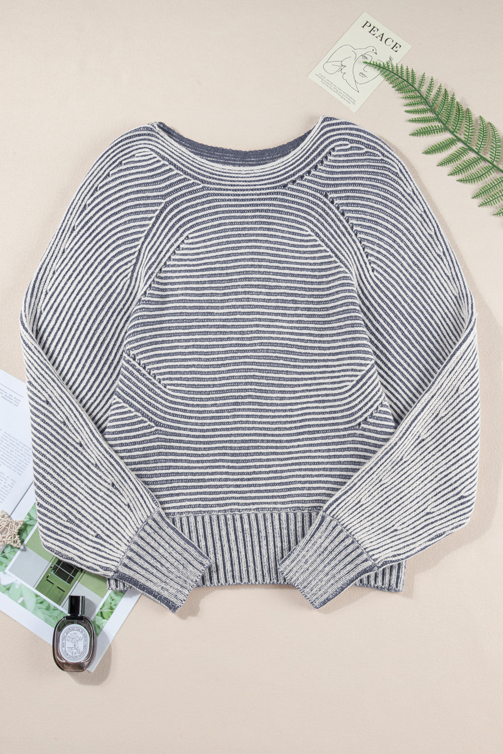 Black Striped Print Ribbed Knit Raglan Sleeve Baggy Sweater f77b89f47e4ff6b0