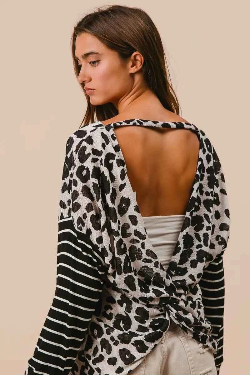BiBi Leopard Hacci Knit Twist Back Top With Stripe Sleeve f77d796bb16041d8bac26b4d097ae0b4-Max-Origin