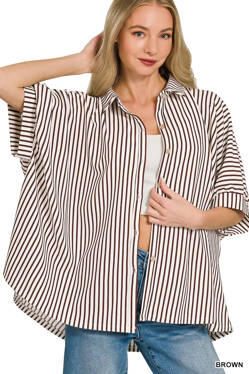 Zenana Oversized Stripe Button Down Shirt BROWN f781c119d2ed4e88b2ebf5679df3bb8a-Max-Origin