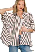 Zenana Oversized Stripe Button Down Shirt BROWN f781c119d2ed4e88b2ebf5679df3bb8a-Max-Origin