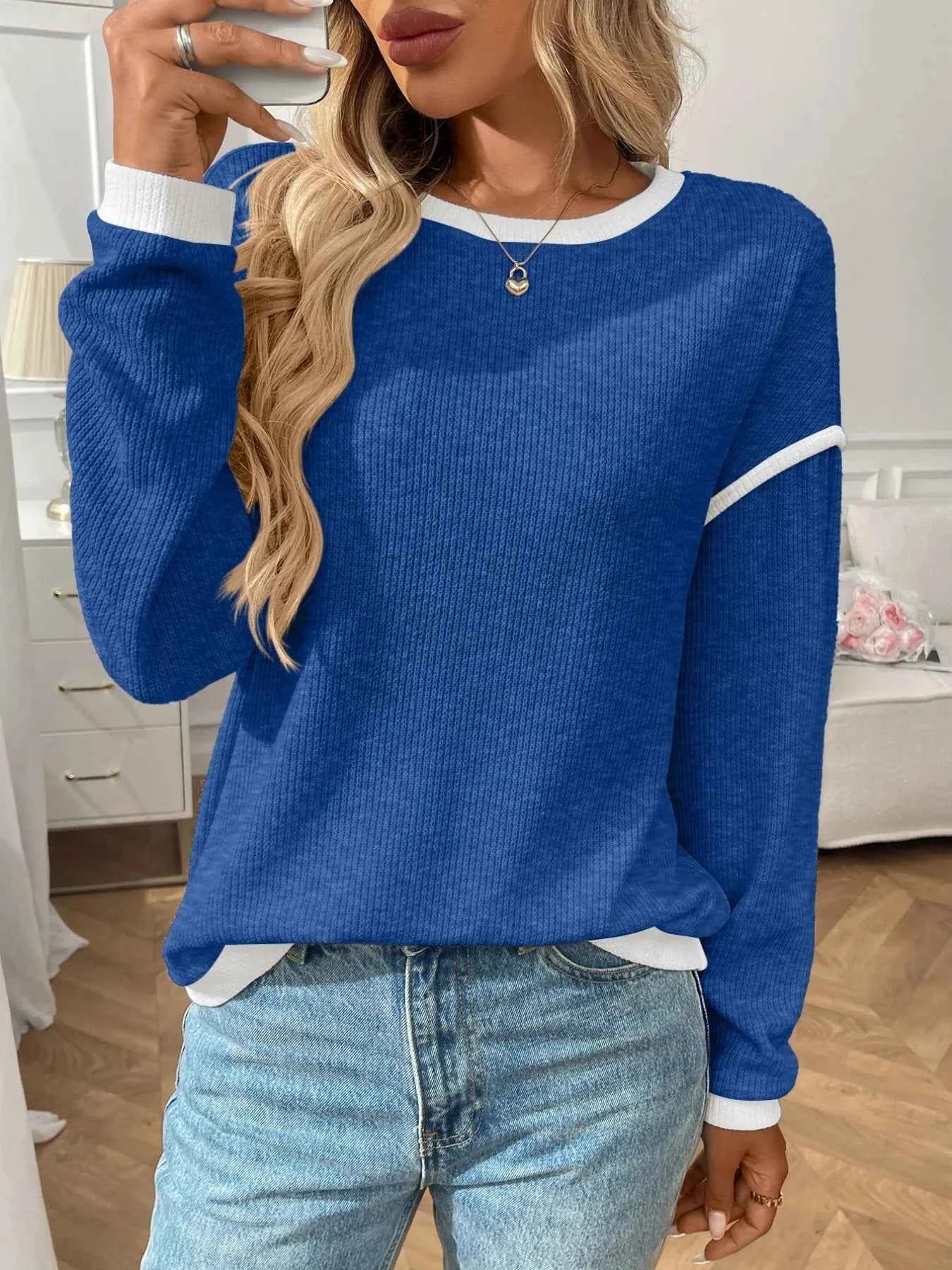 Ribbed Contrast Trim Long Sleeve Top f7851c9f-80b8-4840-875a-2d3eaaae48d3-Max-Origin