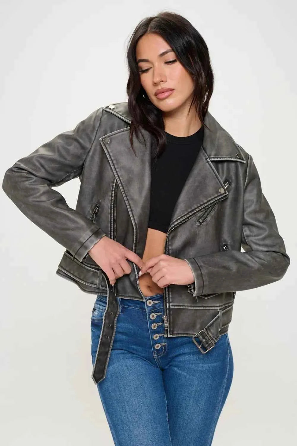 Coalition LA Zip Up Biker Jacket with Belt f788a95e-45fc-4c33-966e-bb80098e1502-Max